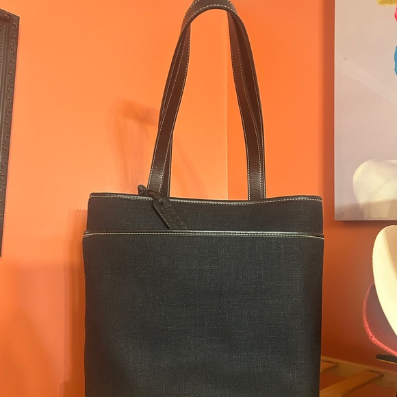 LAUREN RALPH LAUREN Black Canvas Tote Bag Leather Trim Shoulder Handbag Vintage - Picture 5 of 7